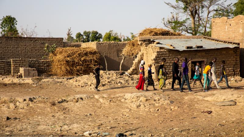 children on a transect walk in Mali